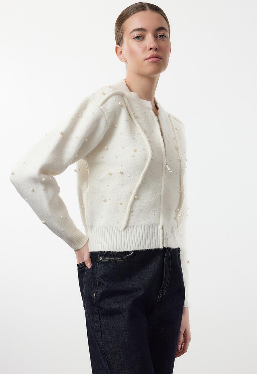 Trendyol - Soft textured zippered stone embroidered coat-look knitwear - ecru