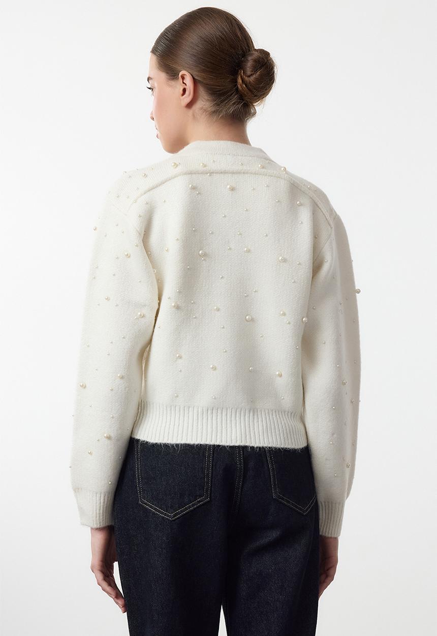 Trendyol - Soft textured zippered stone embroidered coat-look knitwear - ecru