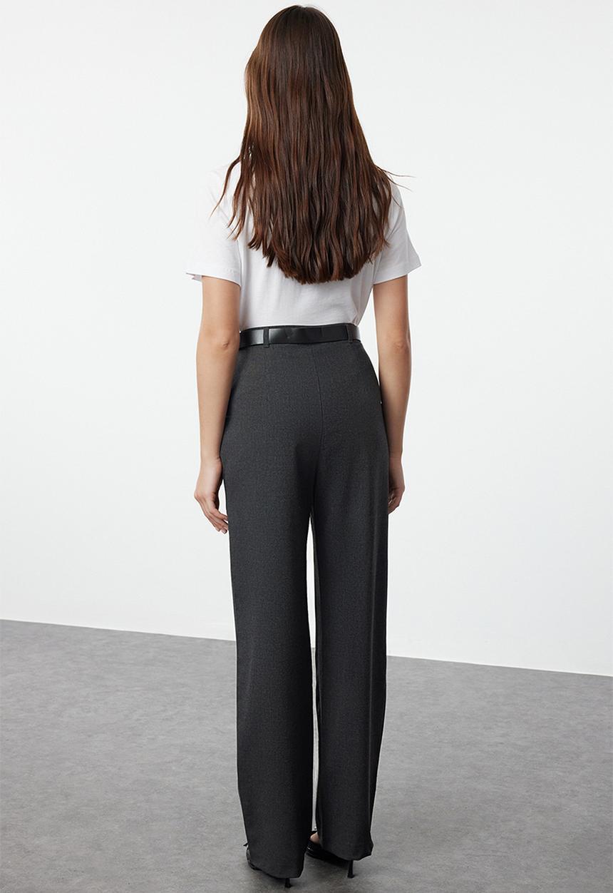 Trendyol - Anthracite belted straight cut woven fabric trousers