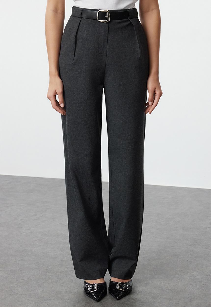 Trendyol - Anthracite belted straight cut woven fabric trousers