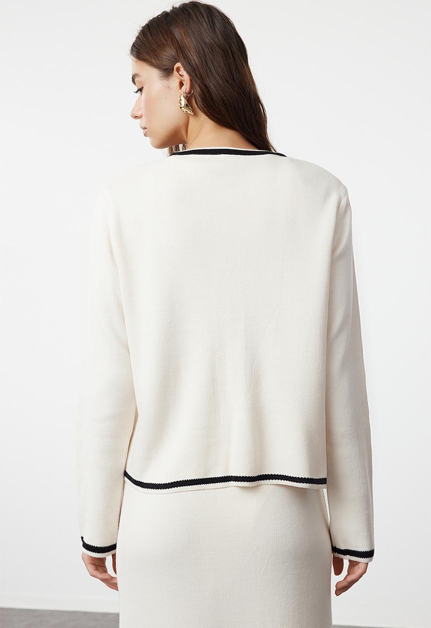 Trendyol - Piping Accessory Buttoned Knitwear Cardigan Skirt Bottom-Top - Ecru 
