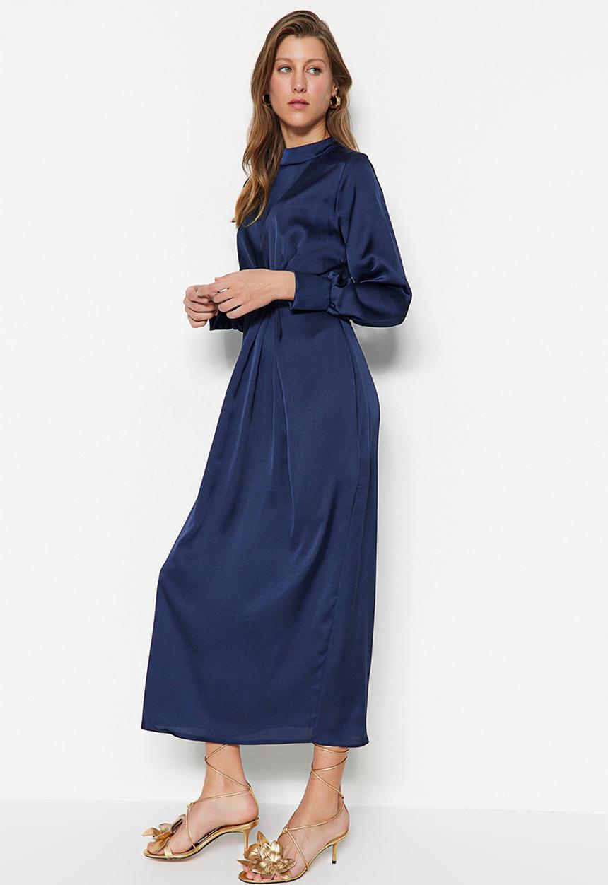 Trendyol - Waist Gathered Satin Evening - Navy Blue