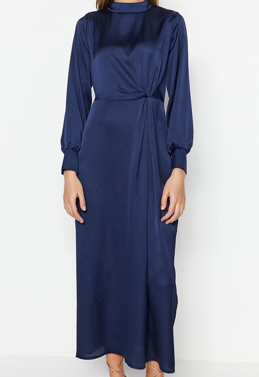Trendyol - Waist Gathered Satin Evening - Navy Blue