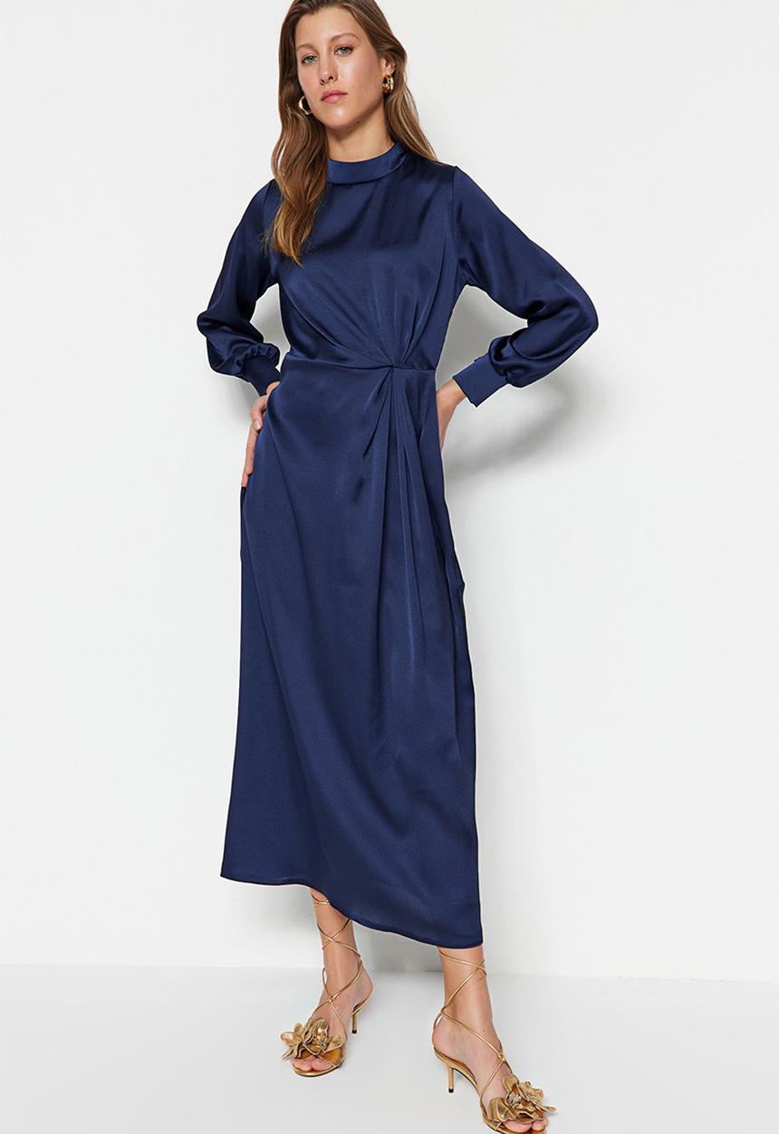 Trendyol - Waist Gathered Satin Evening - Navy Blue