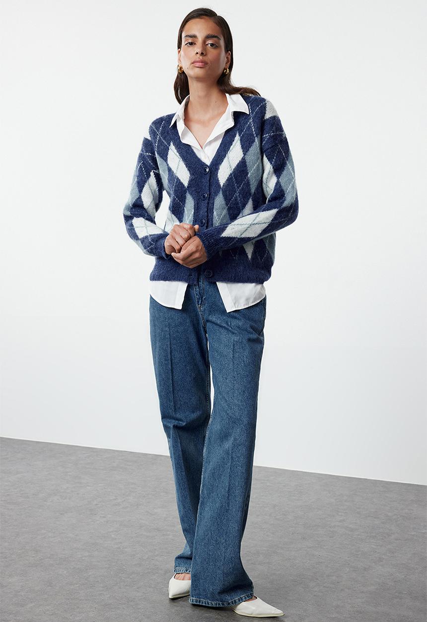 Trendyol - Dark blue soft texture plaid patterned knitwear