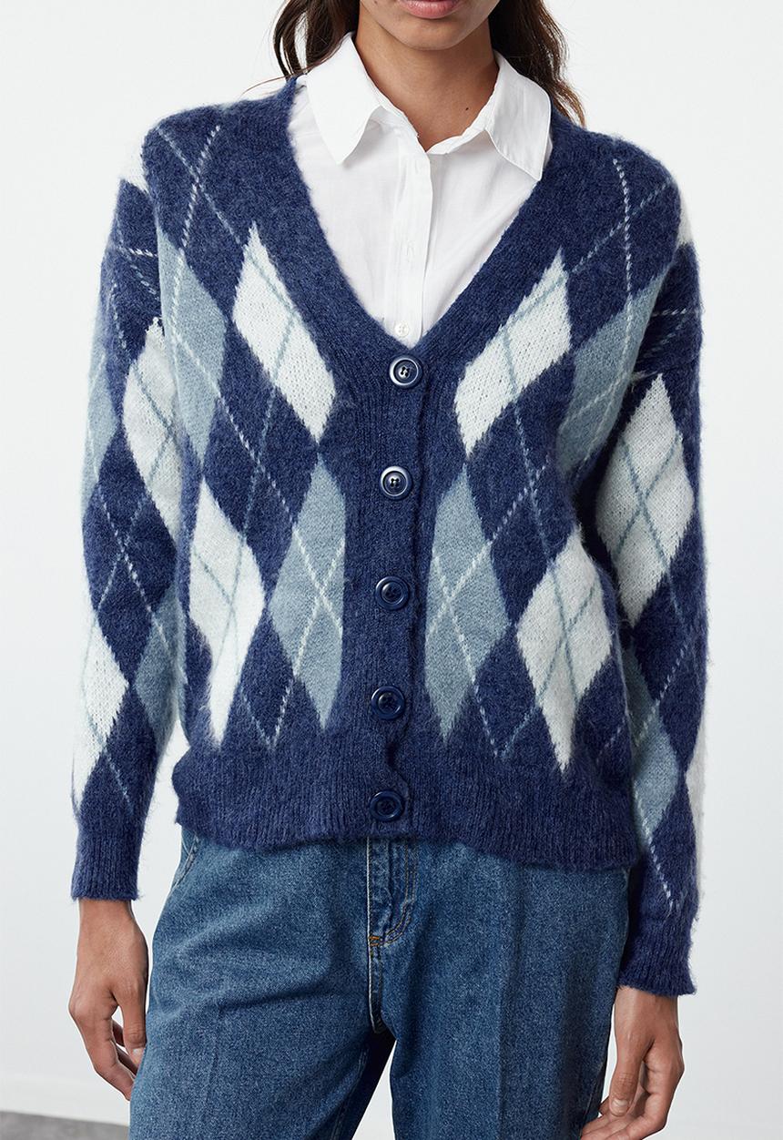 Trendyol - Dark blue soft texture plaid patterned knitwear