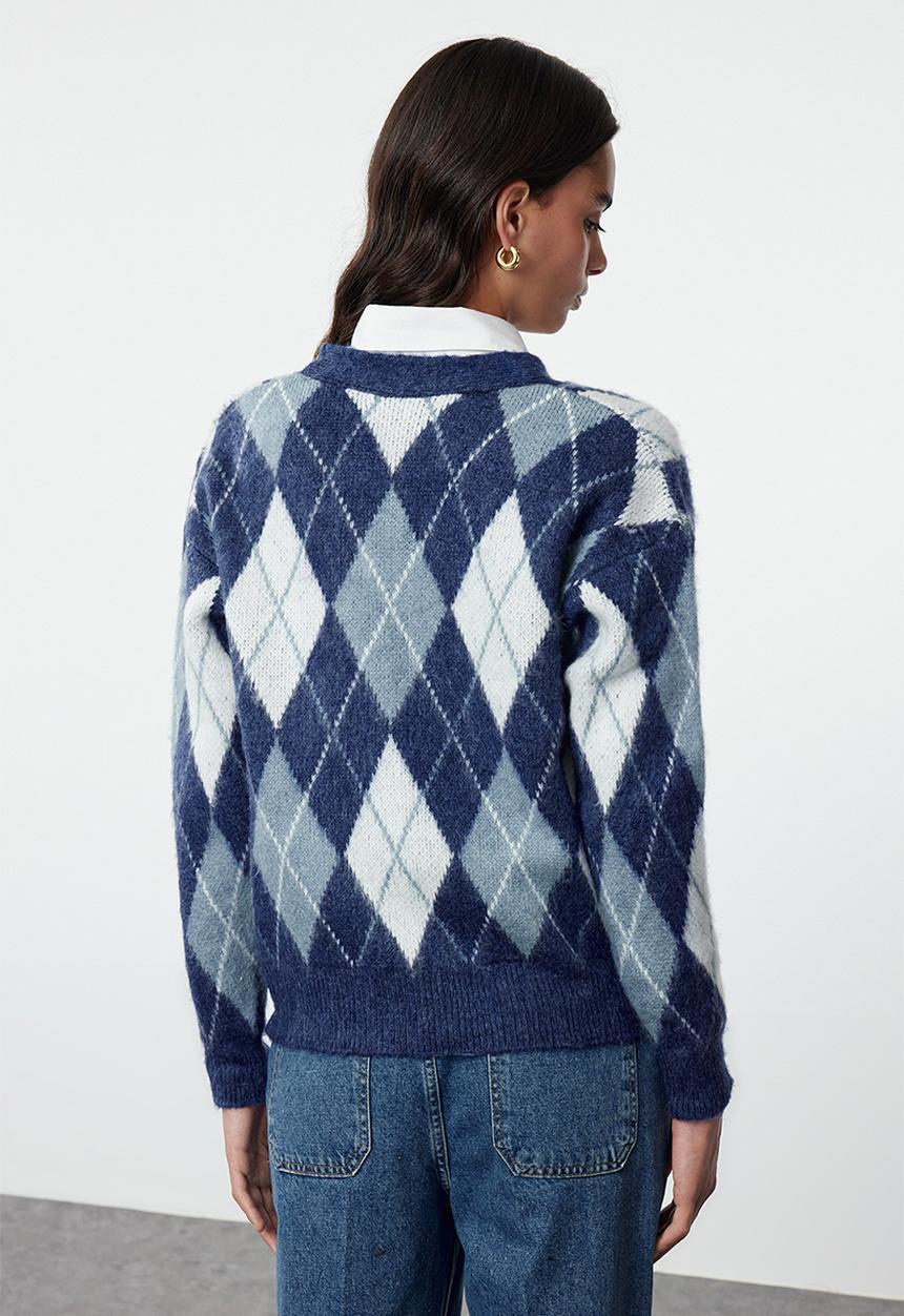 Trendyol - Dark blue soft texture plaid patterned knitwear