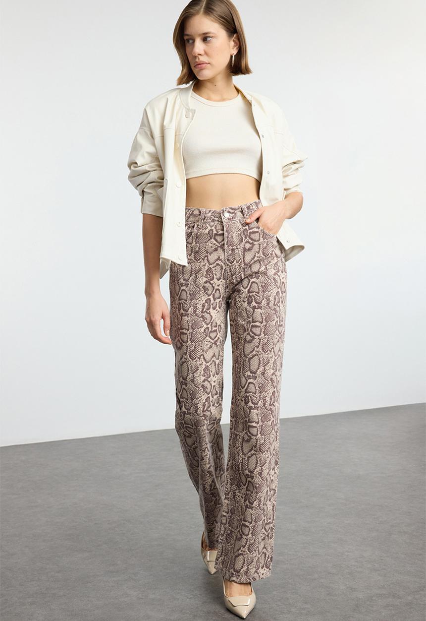 Trendyol - Multicolored animal print brown high waist wide leg jeans