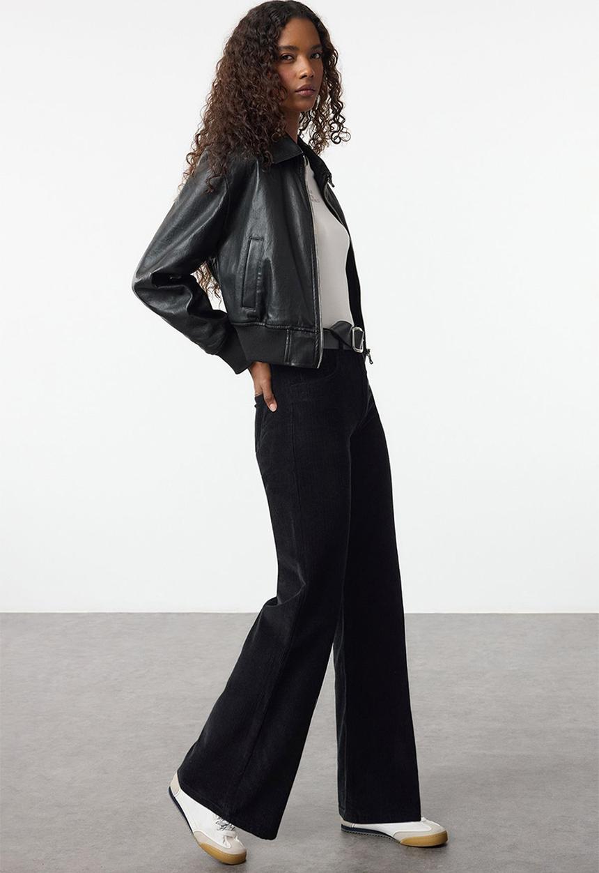 Trendyol - Black velvet straight cut trousers