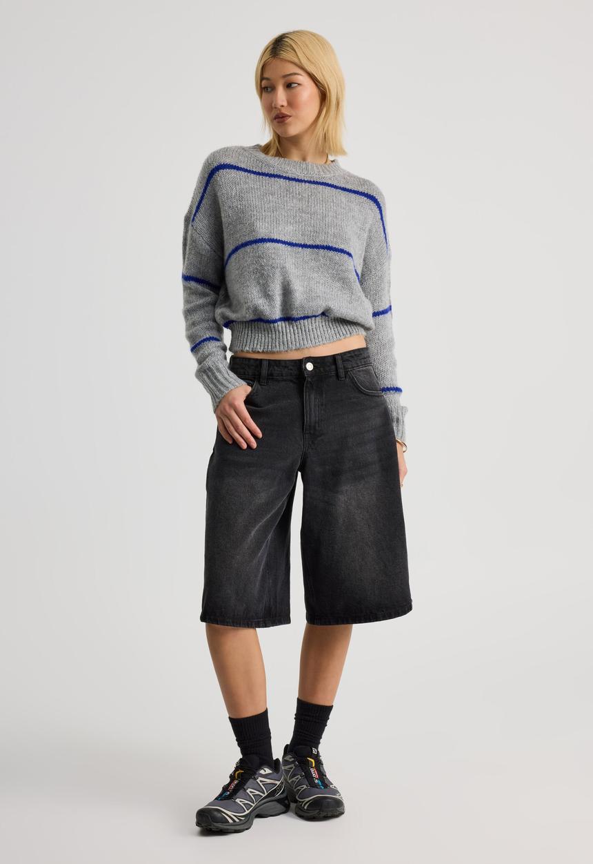 Factorie - Bailey Stripe Knit Crew - Grey Marle/Electric Blue Stripe