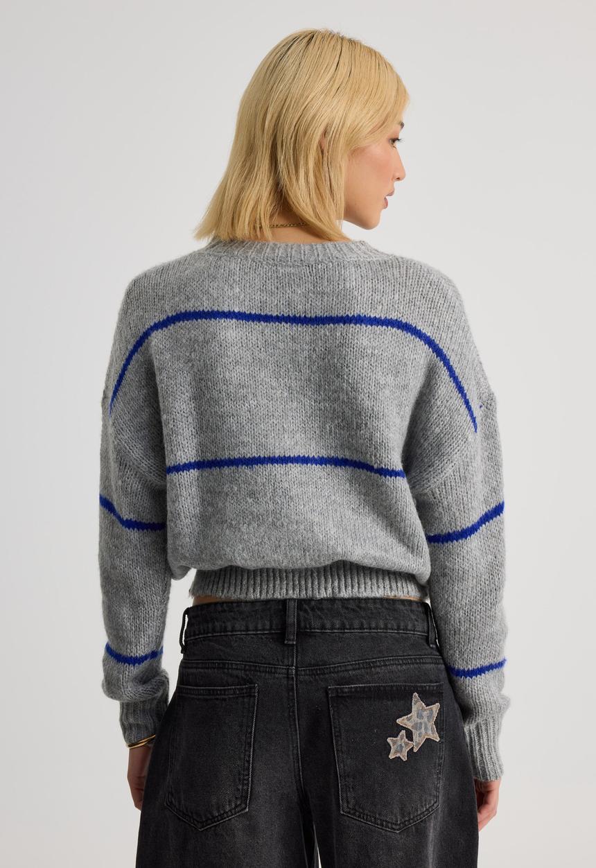 Factorie - Bailey Stripe Knit Crew - Grey Marle/Electric Blue Stripe