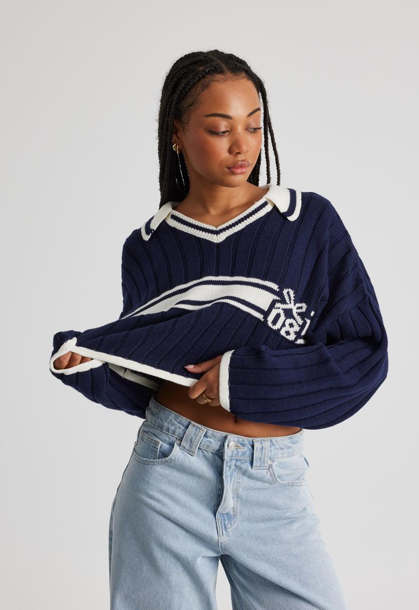 Factorie - Sara Polo Knit Crop Jumper - Navy Blazer/Off White