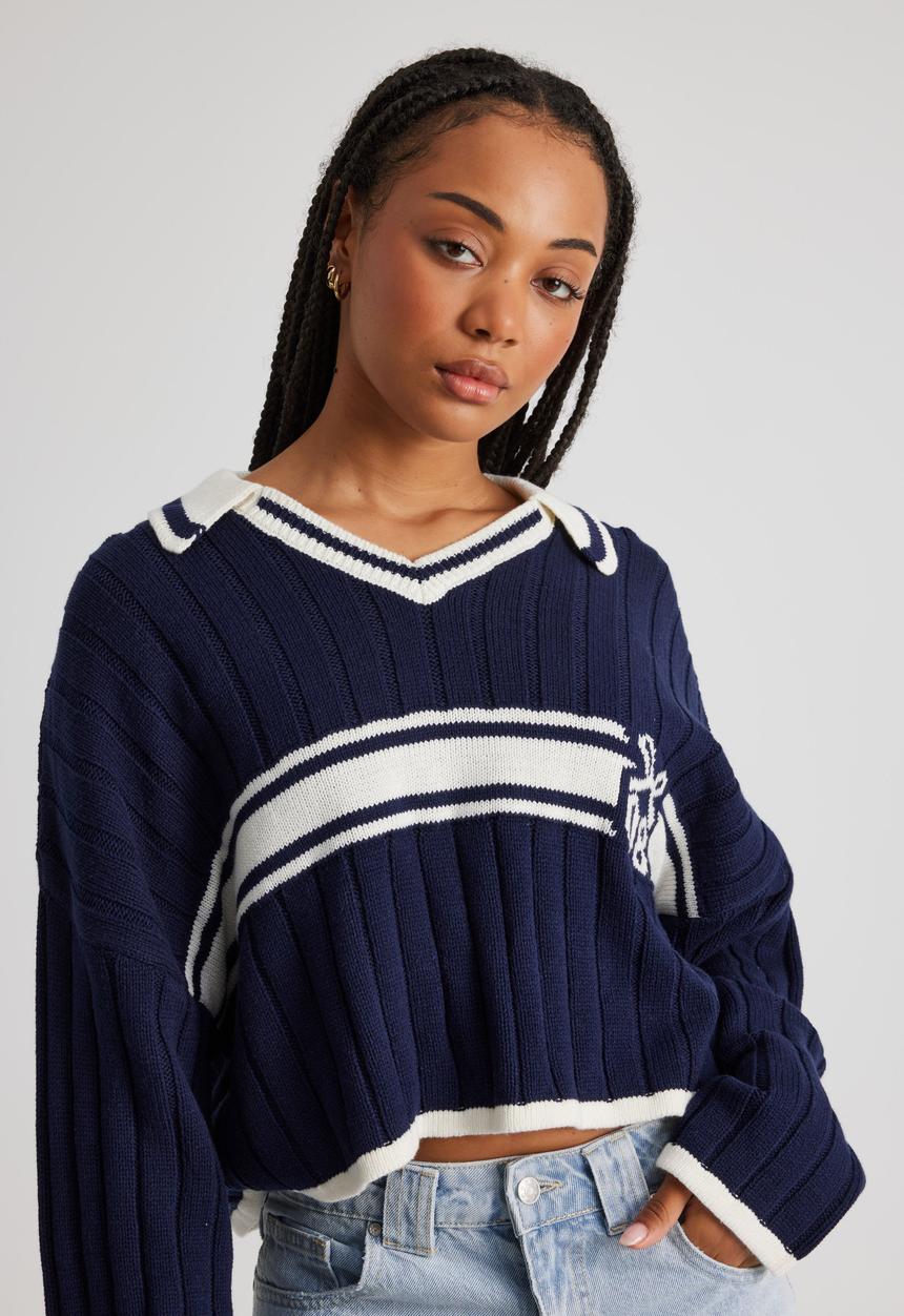Factorie - Sara Polo Knit Crop Jumper - Navy Blazer/Off White