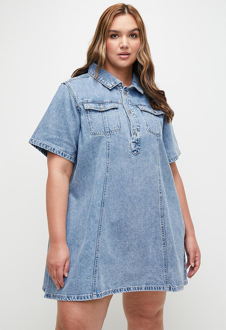 Cotton On - Plus Original Denim Mini Dress - Cleanwater Blue