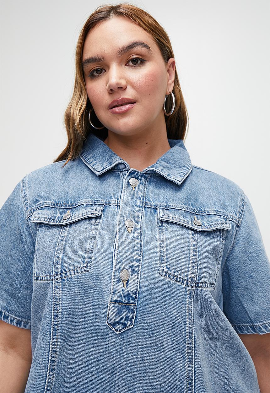 Cotton On - Plus Original Denim Mini Dress - Cleanwater Blue
