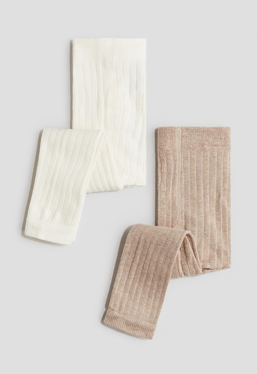 H&M - 2-Pack ribbed footless tights - beige white 