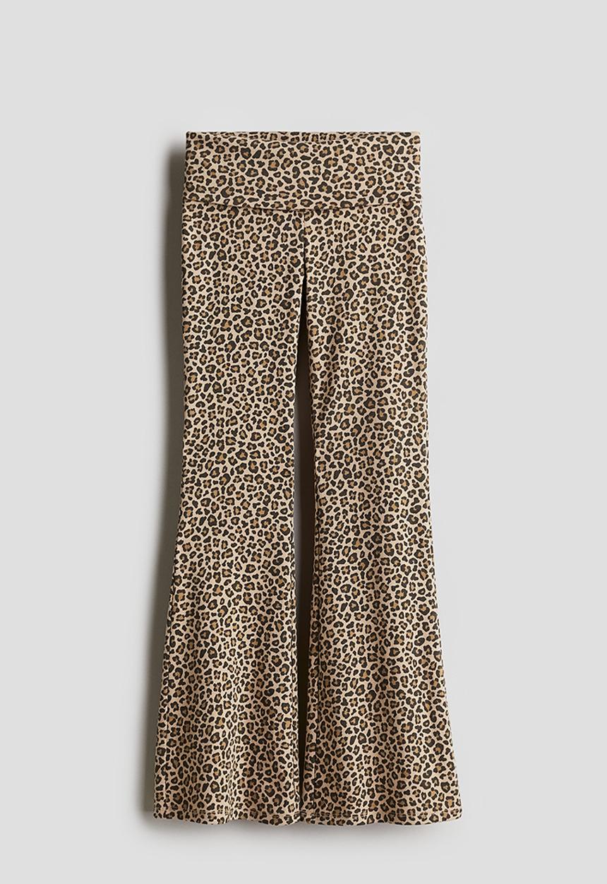 H&M - Flared foldover-waist leggings -  beige/leopard-print 