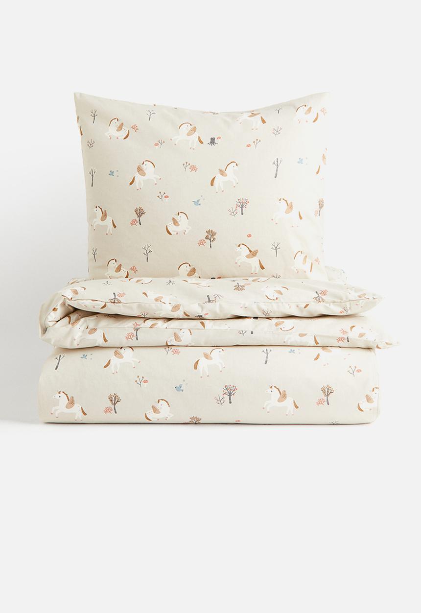 H&M - Patterned cotton duvet cover set - light beige/unicorns