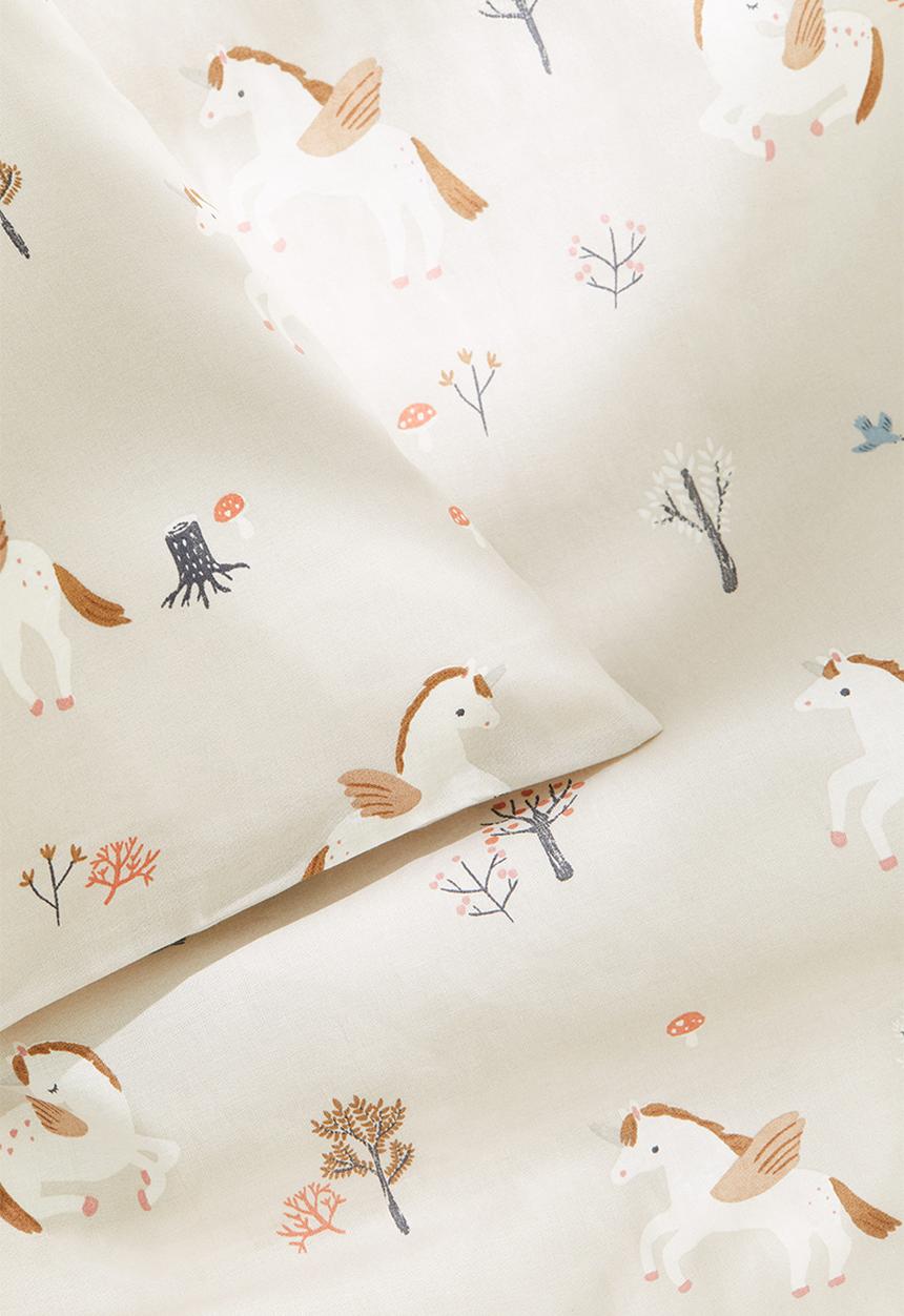 H&M - Patterned cotton duvet cover set - light beige/unicorns