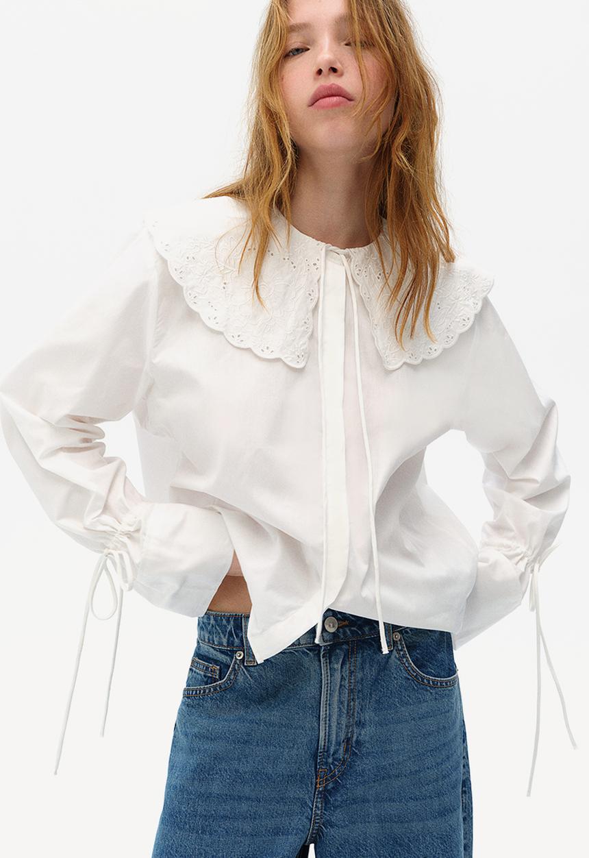 H&M - Broderie anglaise-detail poplin blouse - white