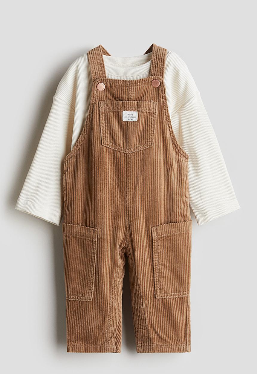 H&M - 2-piece top and dungarees set - beige,white