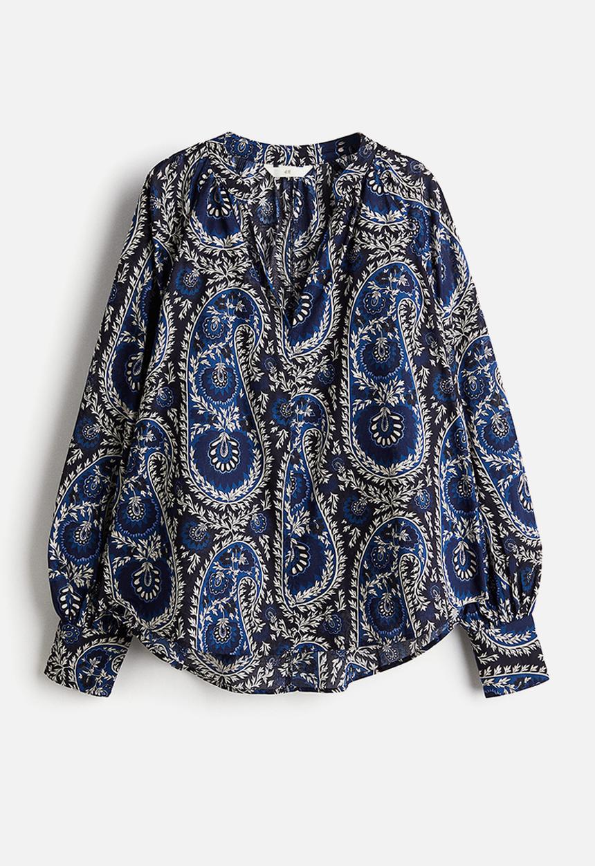 H&M - Balloon-sleeved blouse - navy blue/paisley-patterned