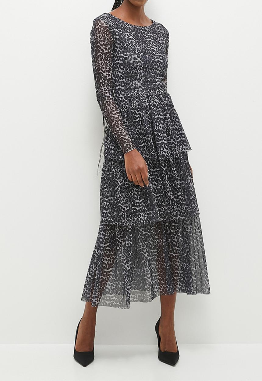 Stella Morgan - Animal Printed Tiered Layered Dress - Grey