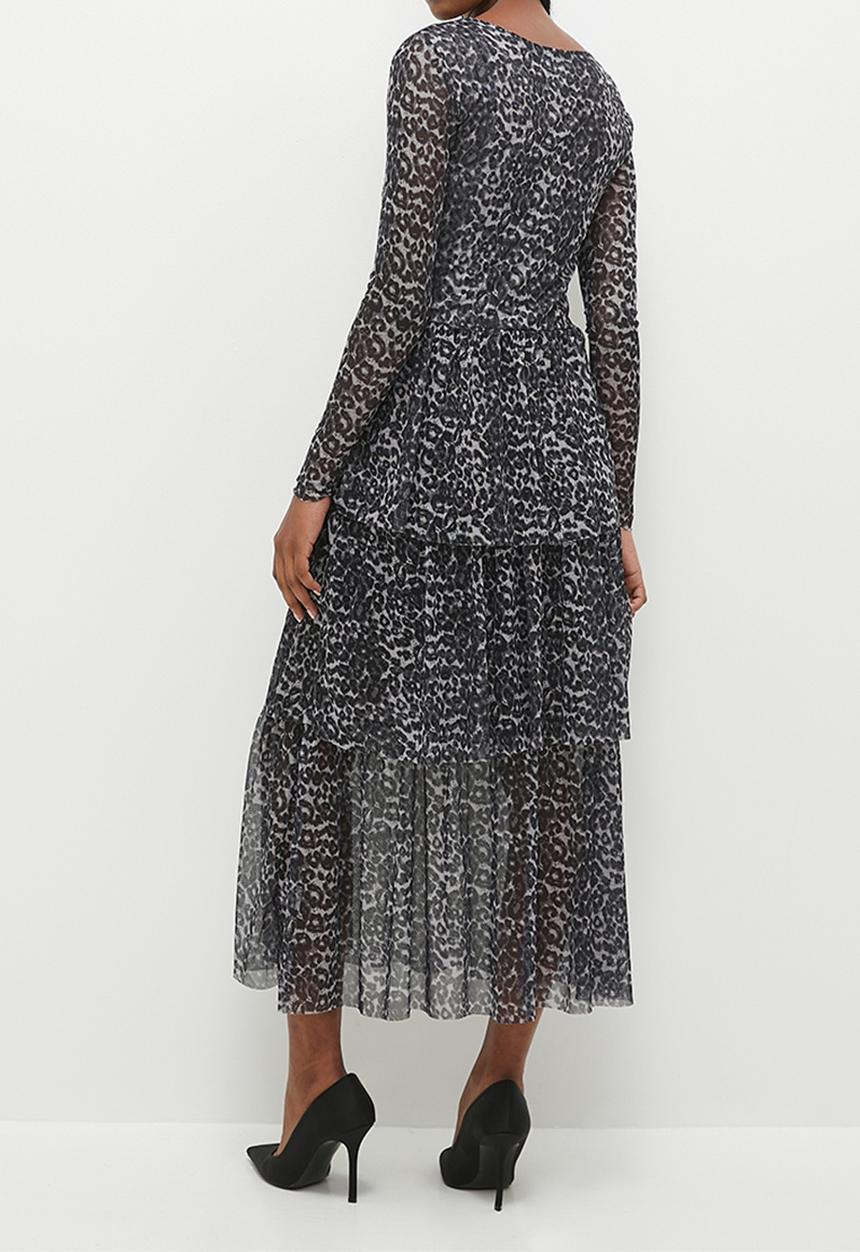 Stella Morgan - Animal Printed Tiered Layered Dress - Grey