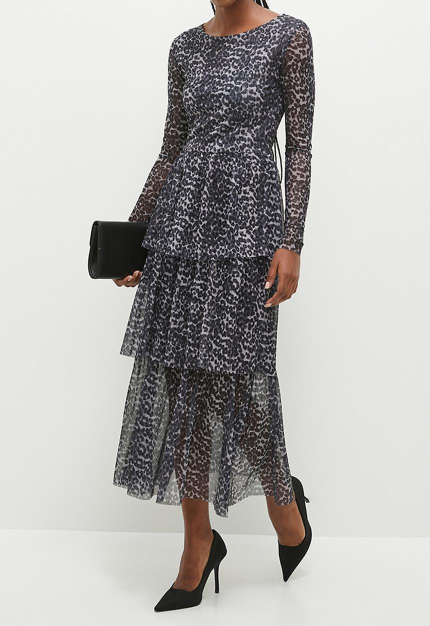 Stella Morgan - Animal Printed Tiered Layered Dress - Grey