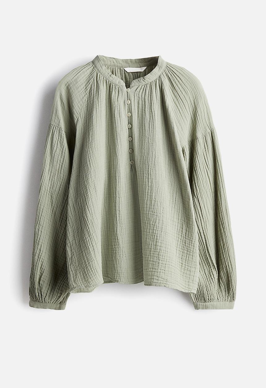 H&M - Balloon-sleeved muslin blouse - light khaki green