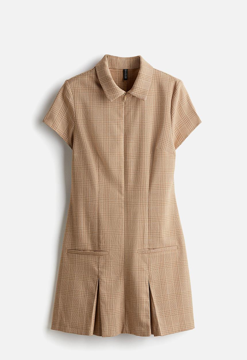 H&M - Collared zip-front dress - beige/checked