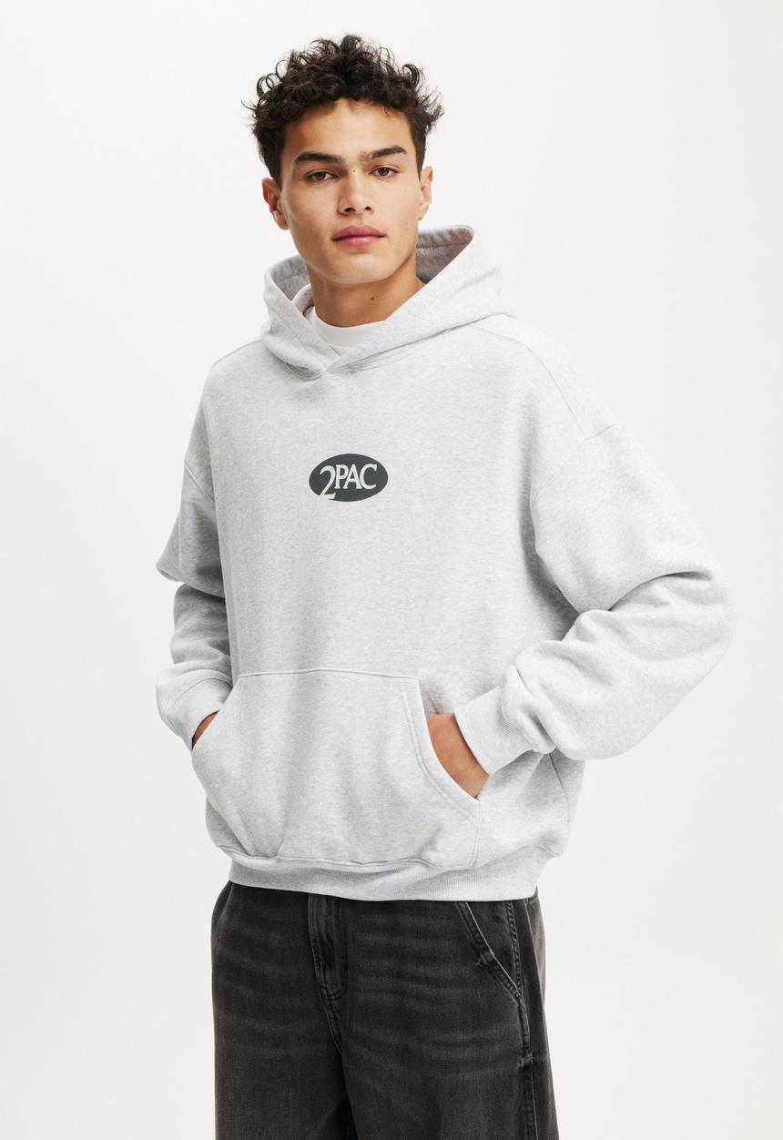 Cotton On - Box Fit Music Hoodie - Lcn Bra Grey Marle/Tupac - Keep Ya Head Up