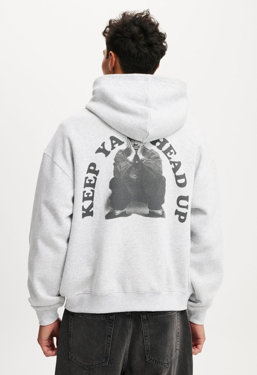 Cotton On - Box Fit Music Hoodie - Lcn Bra Grey Marle/Tupac - Keep Ya Head Up