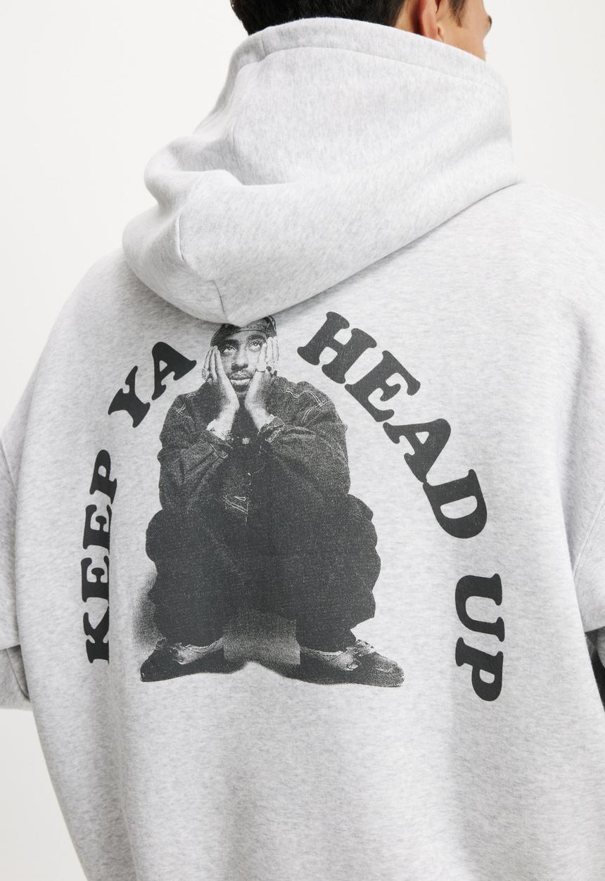 Cotton On - Box Fit Music Hoodie - Lcn Bra Grey Marle/Tupac - Keep Ya Head Up