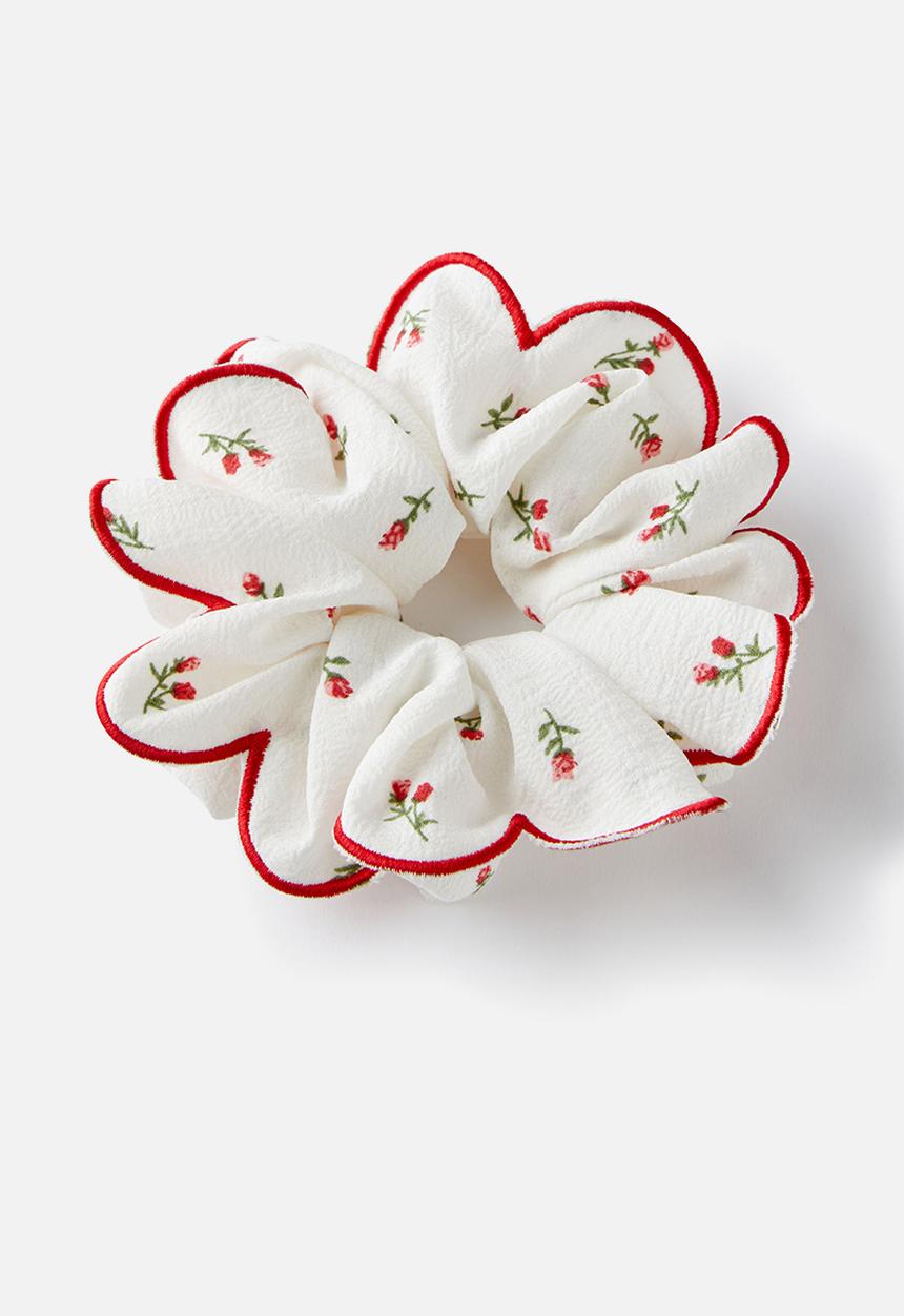 Rubi - Stella scrunchie - red floral/ecru scallop