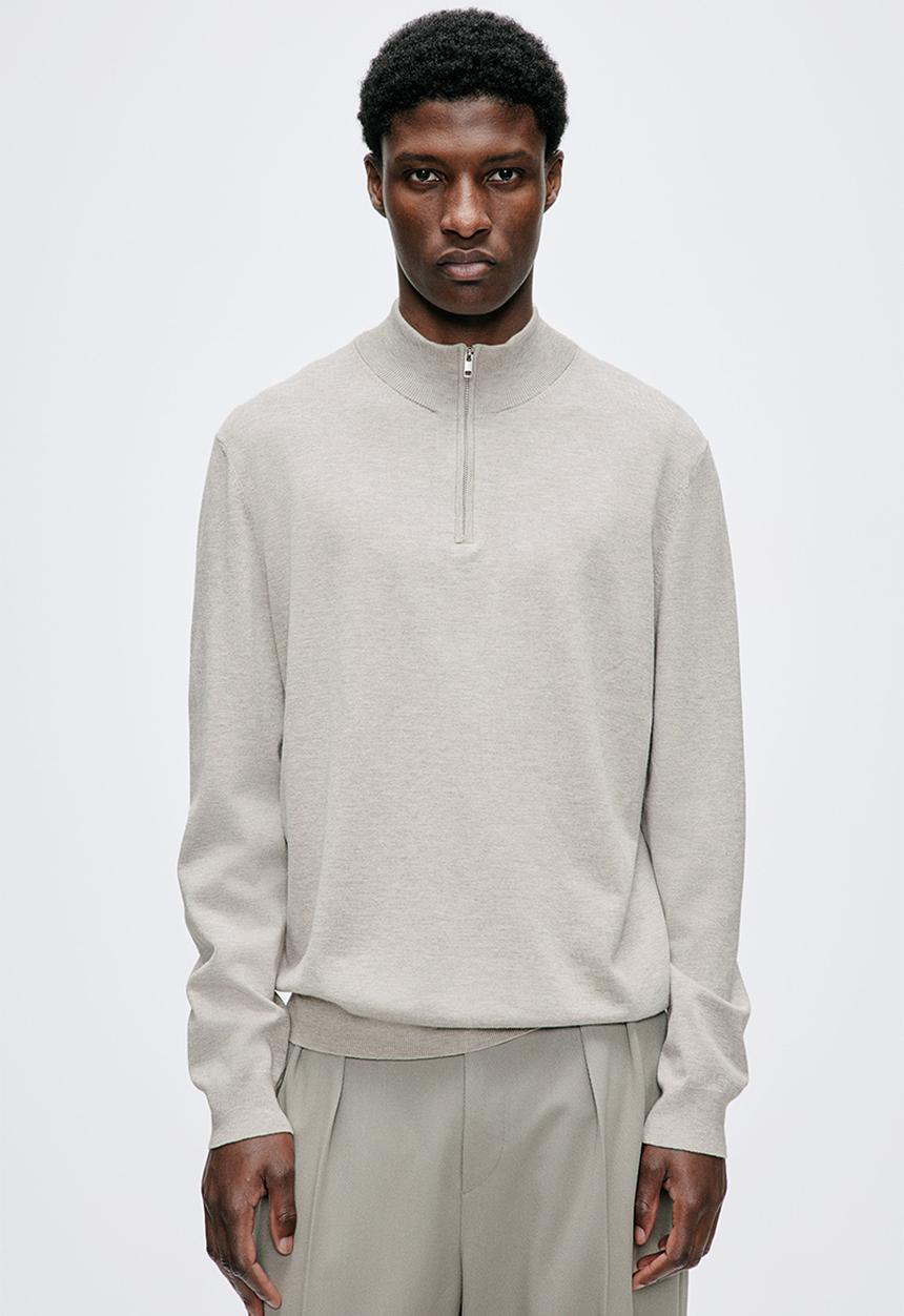 H&M - Slim fit zip-top fine-knit jumper - light greige marl