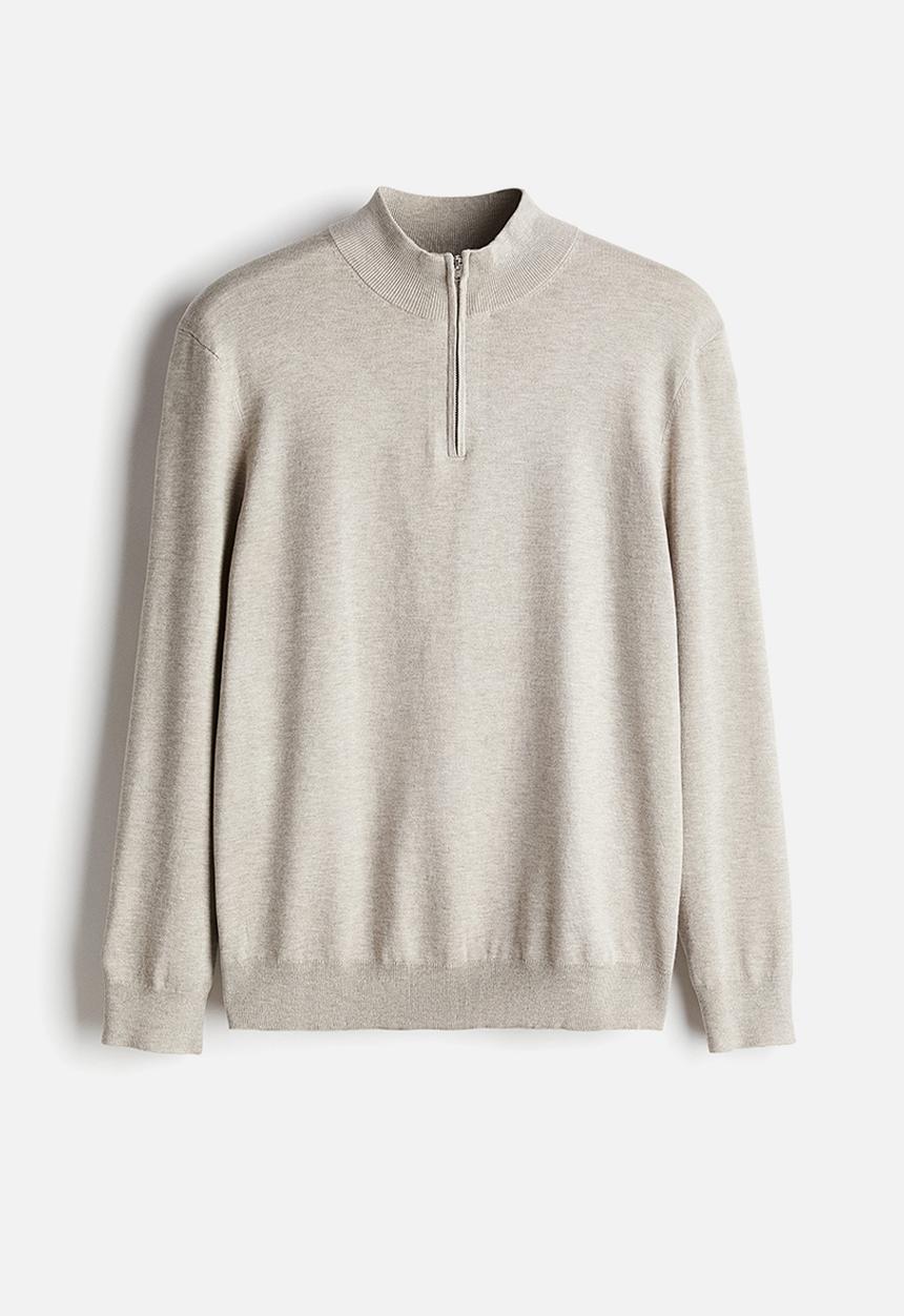 H&M - Slim fit zip-top fine-knit jumper - light greige marl