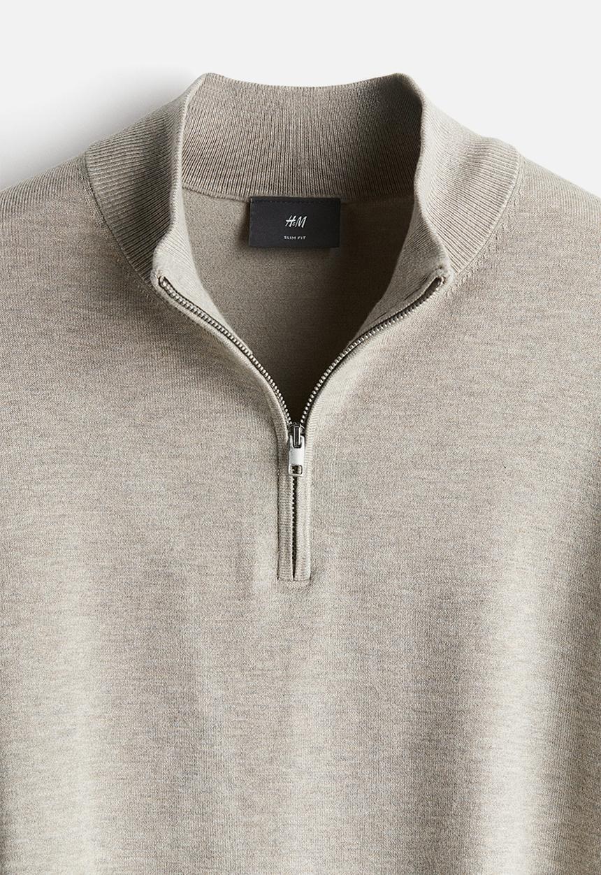 H&M - Slim fit zip-top fine-knit jumper - light greige marl