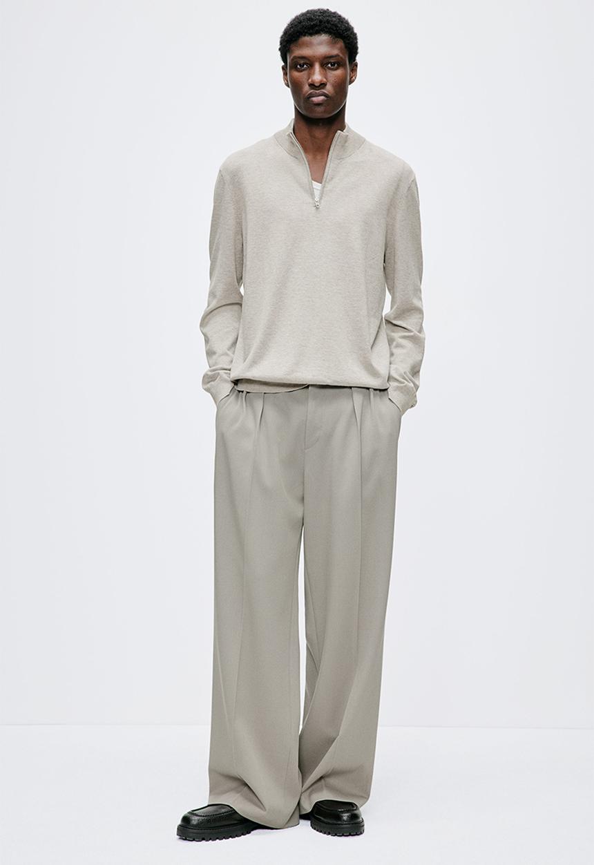 H&M - Slim fit zip-top fine-knit jumper - light greige marl