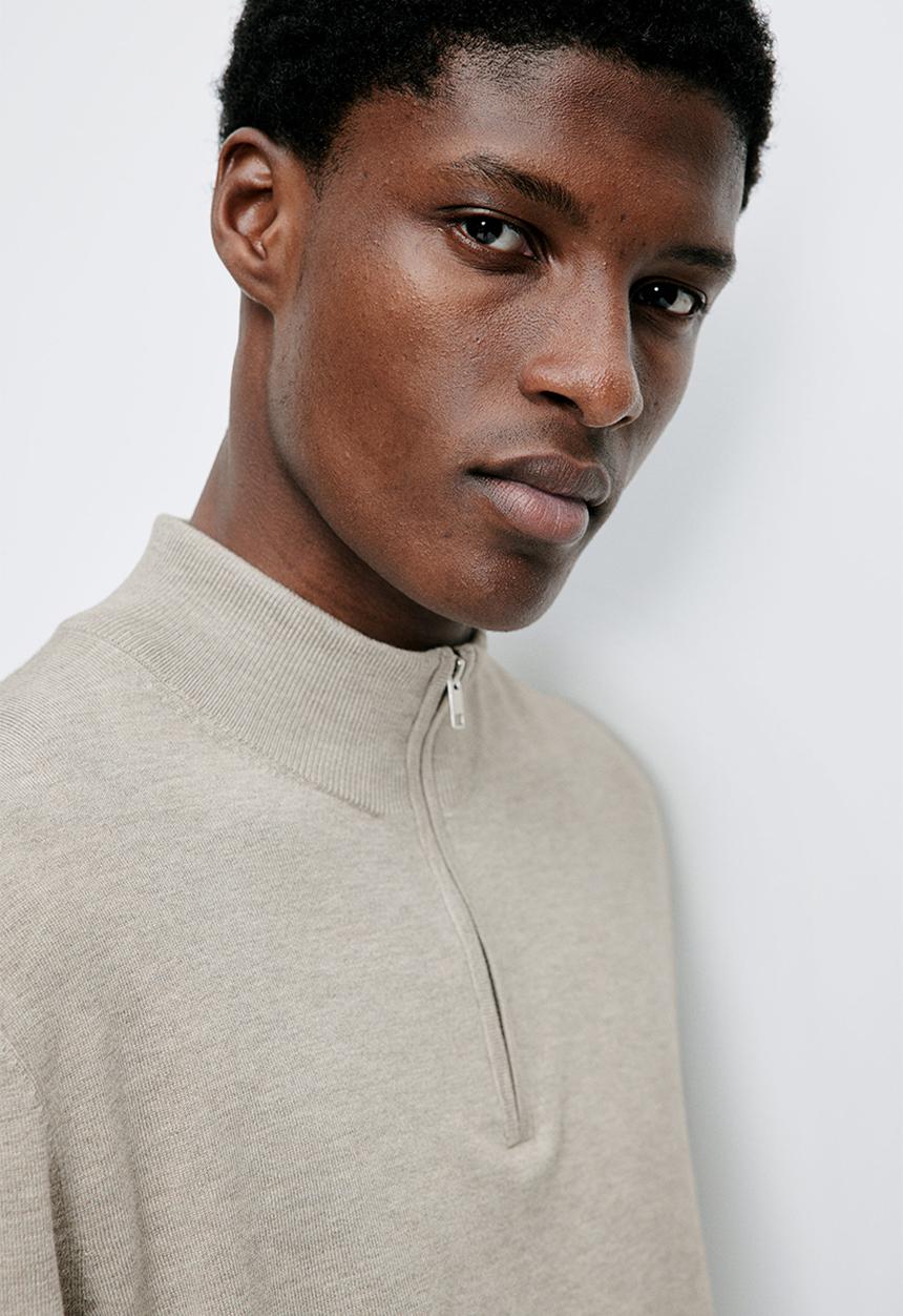 H&M - Slim fit zip-top fine-knit jumper - light greige marl
