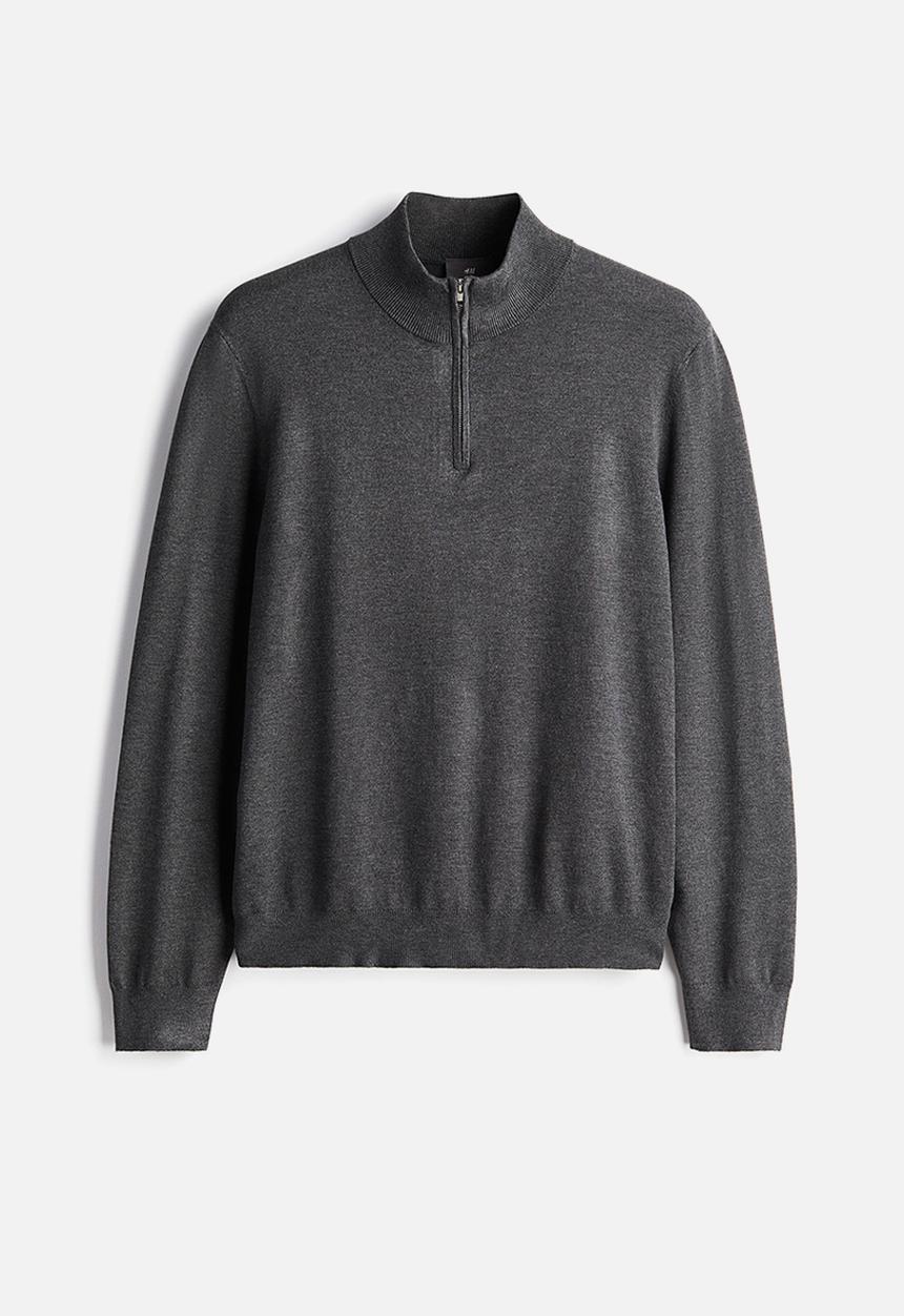 H&M - Slim fit zip-top fine-knit jumper - dark grey marl