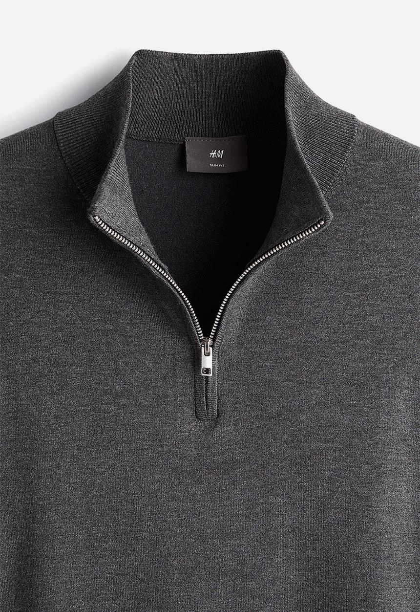 H&M - Slim fit zip-top fine-knit jumper - dark grey marl