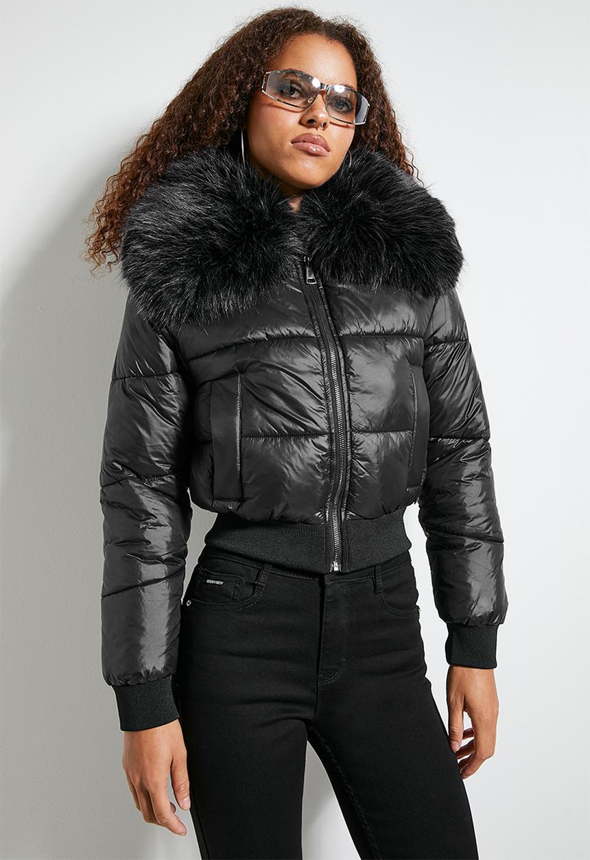 SISSY BOY - ROLL WITH IT : Puffer Jacket With Faux Fur Collar - Black