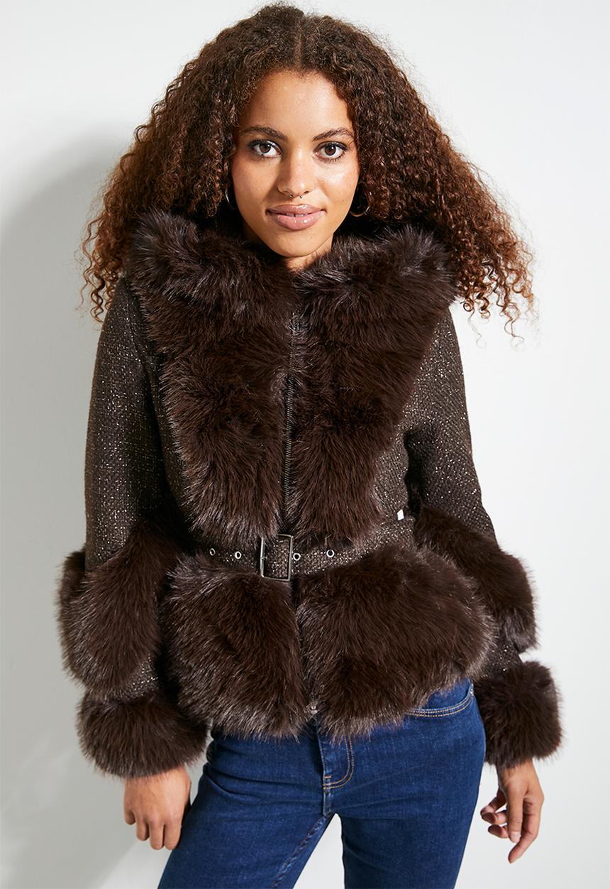 SISSY BOY - Caught looking: Belted Jacket With Faux Fur Details - Brown