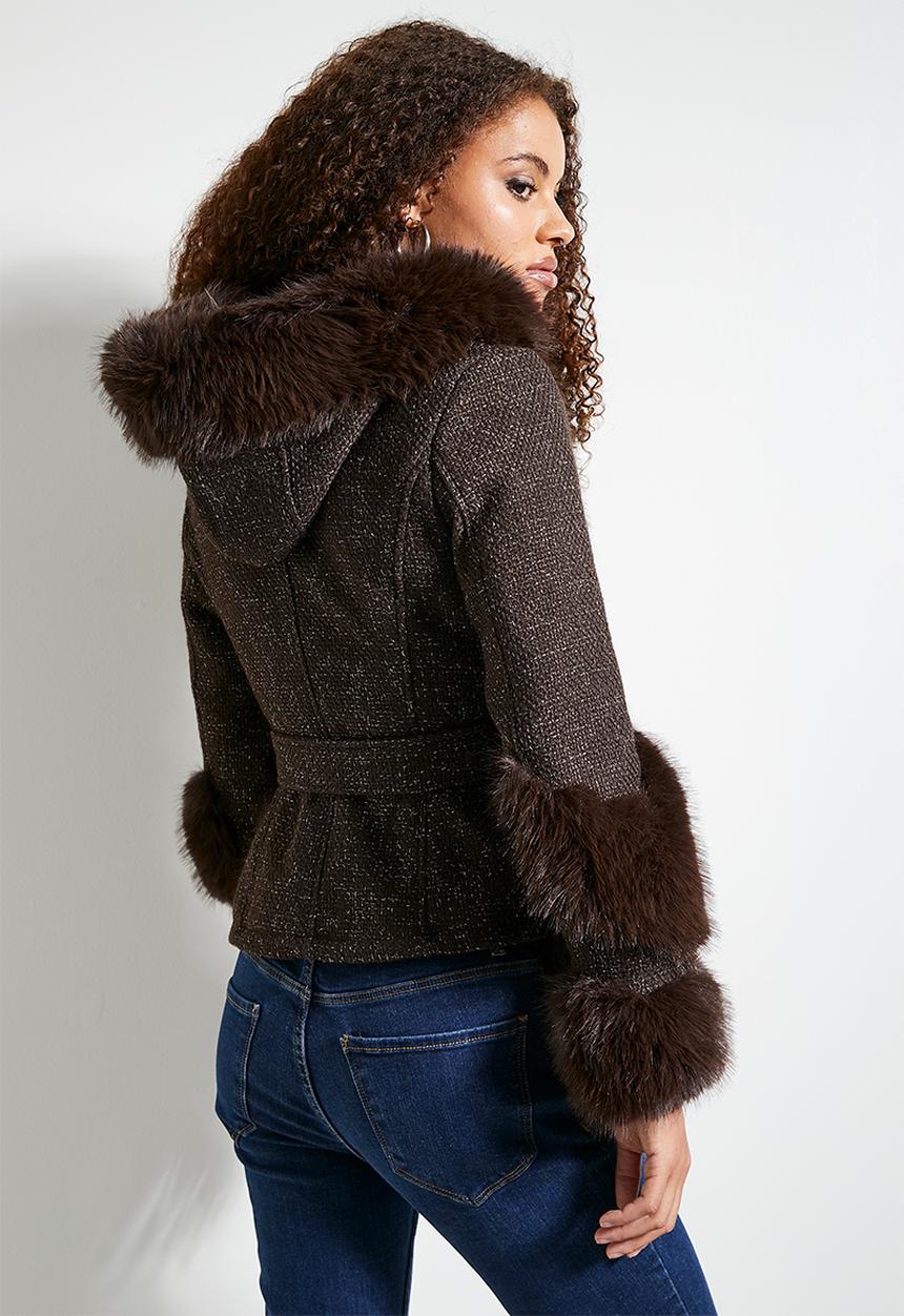 SISSY BOY - Caught looking: Belted Jacket With Faux Fur Details - Brown