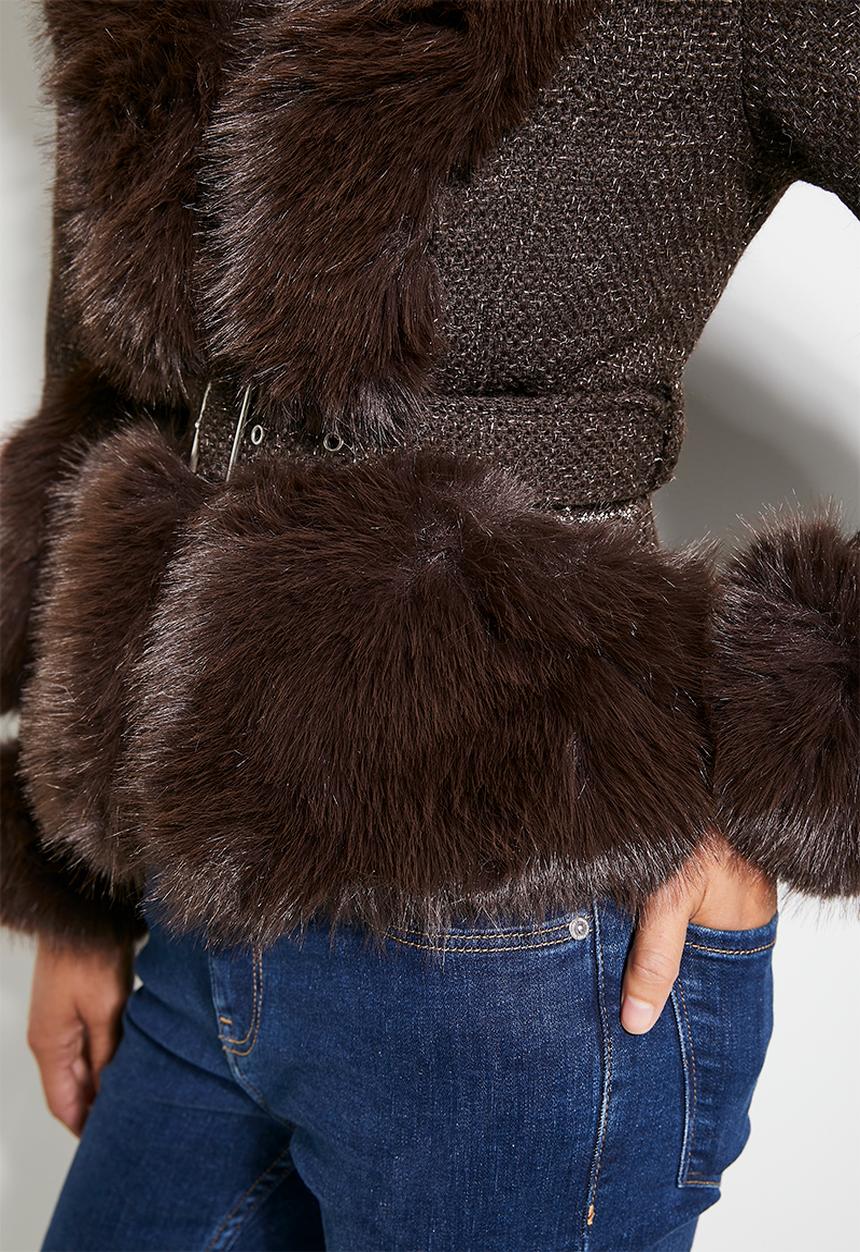 SISSY BOY - Caught looking: Belted Jacket With Faux Fur Details - Brown