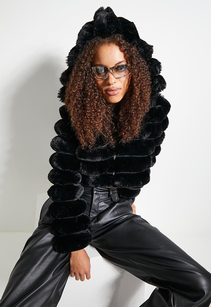 SISSY BOY - Sweet & Simple: Faux Fur Quilted Jacket With Hood - Black
