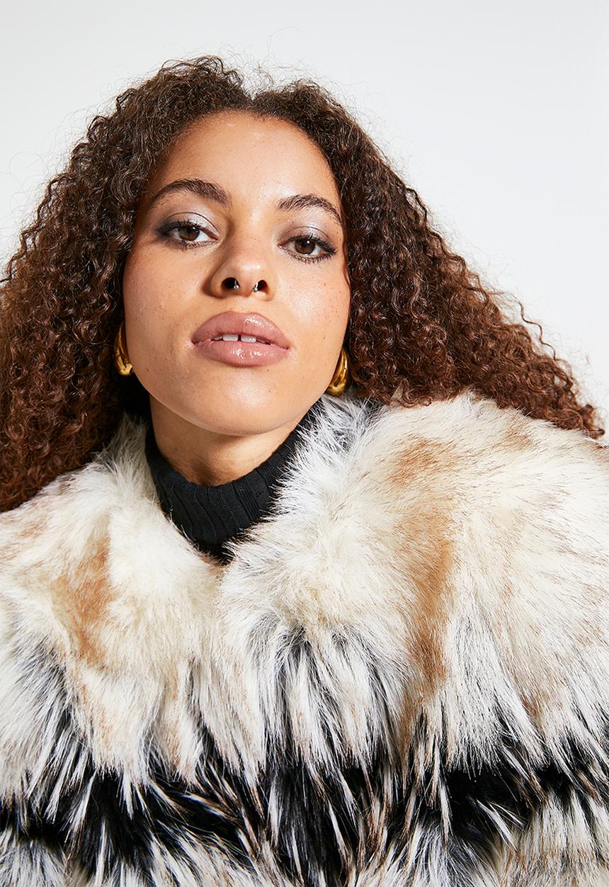 FUR-EVER MINE: Faux Fur Combination Jacket - Black / Beige / Cream