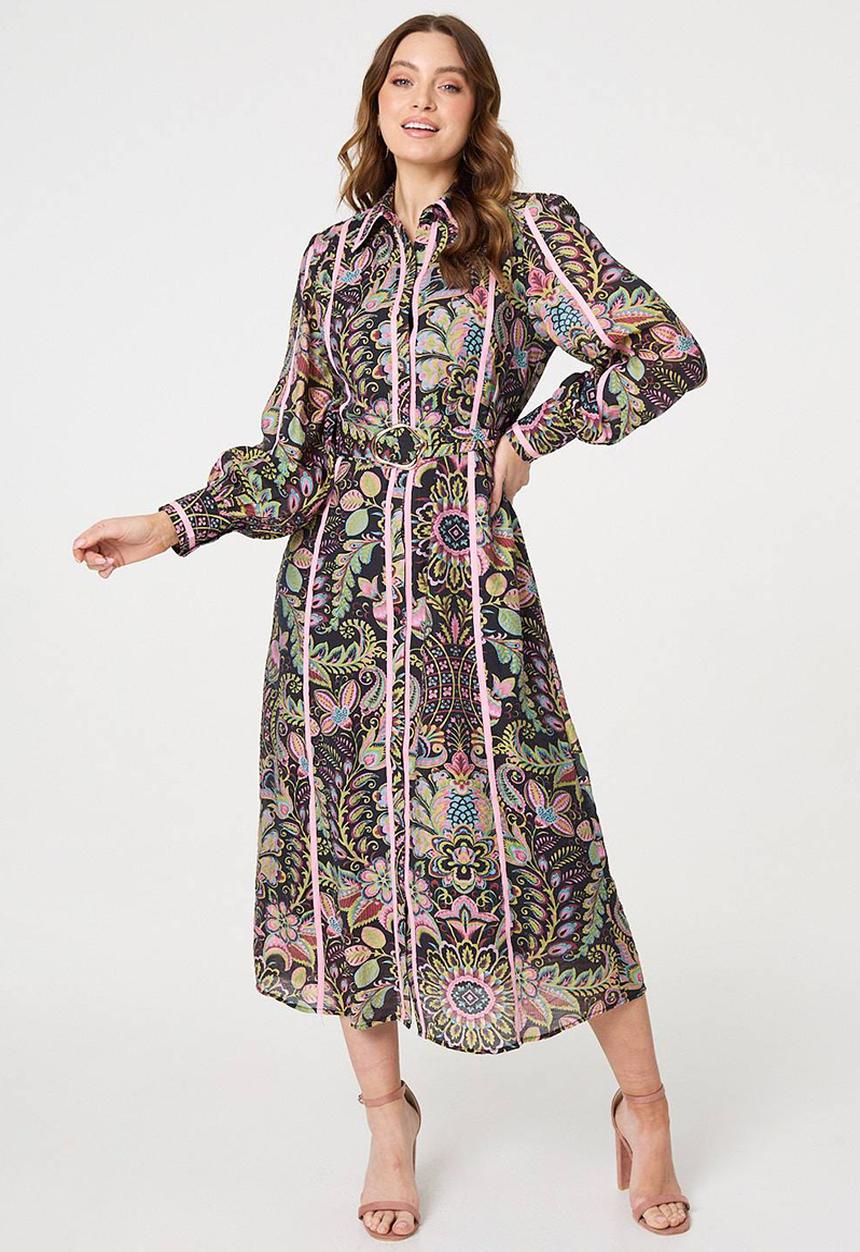 Stella Morgan - Flower printed with contrats piping midi Dress - Multi Black