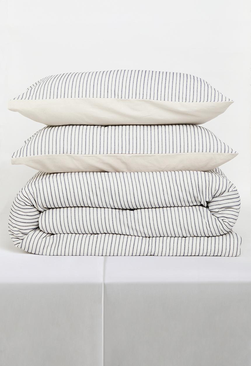 Sixth Floor - Cotton Yarn Dye Stripe with Satin Stitch Duvet Set - Navy & White